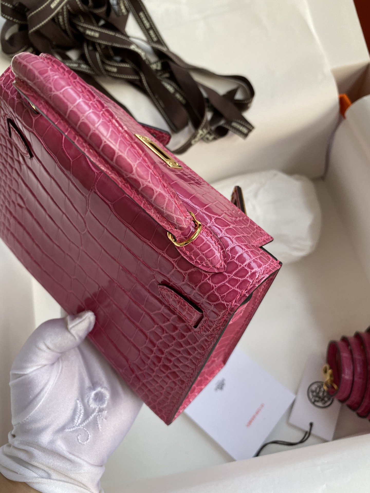 Hermes Kelly Mini II Bag 19CM In Rose Tyrien Shiny Alligator Leather